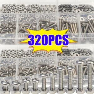 Kit de Parafuso e Porca de Aço Inoxidável SS304 Hexagonal – 320 peças, Tamanhos Métricos Duráveis M2 M2,5 M3 M4 M5, Conjunto de Ferramentas Multiuso para Projetos DIY e Reparos