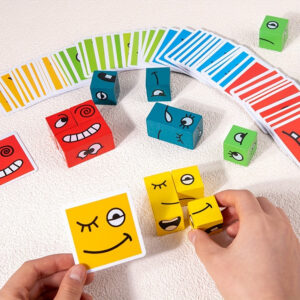 Cubo Mágico Jogo de Troca de Faces – Quebra-Cabeça de Madeira para 4 Jogadores para Jovens, Diversão Interativa em Família e Brinquedo de Aprendizado Precoce
