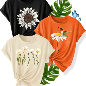 Conjunto de 3 Camisetas Femininas com Estampa Floral e de Pássaros – Estilo Vintage Casual, Manga Curta, Gola Redonda, Poliéster, Lavável à Máquina – Camisetas Esportivas de Verão em Verde, Laranja, Bege