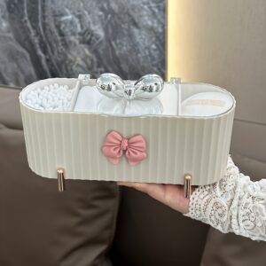 1pc Lindo Organizador de Maquiagem com 3 Grades e Laço – Grande Capacidade de Armazenamento com Tampa Transparente para tes, Póf de Pó e Cosméticos, Perfeito para Decoração de Casa de Banho e Presentes de Férias, Organizador de Armazenamento de Cosméticos