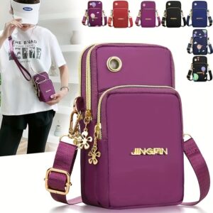 Bolsa de telefone cruzada de nylon para mulher com alça ajustável, vários compartimentos com fecho de correr e detalhes metálicos – Leve, durável e portátil – Perfeita para saídas casuais, bolsa de telefone diária | Carteira minimalista | Fecho de correr seguro