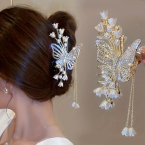 Gancho de Cabelo Elegante com Borboleta e Flor de Strass e Tasséis de Pérola Imitação – Grande Clipe de Garra de Liga de Zinco Vintage em Tom Dourado para Penteados Sofisticados, Peça de Cabelo para Casamento|Acessório com Motivo de Borboleta|Liga de Zinco Dourada, Presilhas de Cabelo com Borboleta