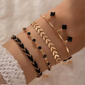 Conjunto de 4 pulseiras finas de cor preta estilo hip hop em liga de zinco para mulheres