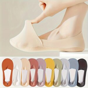 5 Pares de Meias de Seda de Gelo Sólido, Meias Invisíveis Antiderrapantes e Respiráveis de Corte Baixo, Meias e Meias-calças Femininas