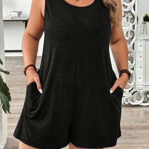 Macacão verde sem mangas de tamanho grande para mulher – Decote redondo elegante, tecido elástico, detalhe de bolso, ideal para primavera/verão/outono, uso casual | Macacão elegante sem mangas | Macacão com bolso
