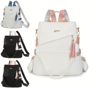 [Montar em Viagem] Mochila Elegante Antirroubo para Mulheres – Branca Chique com Detalhes Rosa, Grande Capacidade, Alças Ajustáveis, Detalhe de Tassel, Material PU, Perfeita para Viagens & Uso Diário