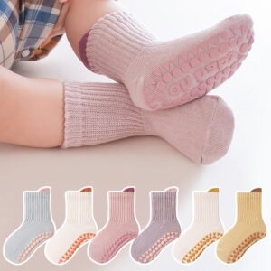 6 Pares de Meias de Chão com Desenhos Animados para Crianças, Sapatos de Aprendizagem, Meias de Bebê com Fundo Macio e Antiderrapante para Meninos e Meninas, Adequadas para o Dia a Dia
