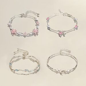 4-Pack de Pulseiras Elegantes de Flores de Cristal Sintético para Meninas, Y2K Doce Garota Lua Cereja Laço Falso Zircônia Correntes de Mão, Joias de Luxo de Designer Presente, Padrão de Borboleta da Moda, Cores Misturadas, Liga com Banho de Ouro Branco