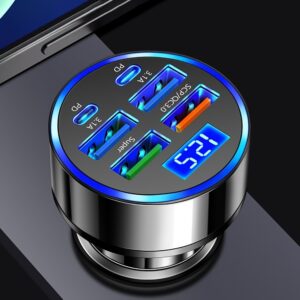Adaptador de Carro com Carregamento Rápido 6-em-1 com 3.1A e Tipo-C, Visor Digital – Carregamento Rápido para Smartphones, Tablets, Power Banks, Design Elegante do Plugue Preto, Carregador Portátil