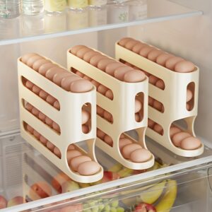 Caixa de armazenamento de ovos tipo escada de 4 camadas para porta lateral da geladeira, grande capacidade, caixa de armazenamento de ovos com rolo automático e deslizante